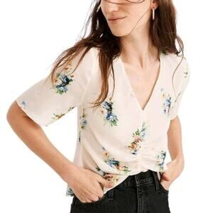 Madewell Women's 100% Silk Soft Floral Print Cream Short Sleeve Top Size 6